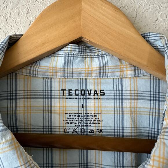 TECOVAS Pearl Snap Shirt Yellow Blue Plaid Long Sleeve Western Retro - Picture 6 of 9